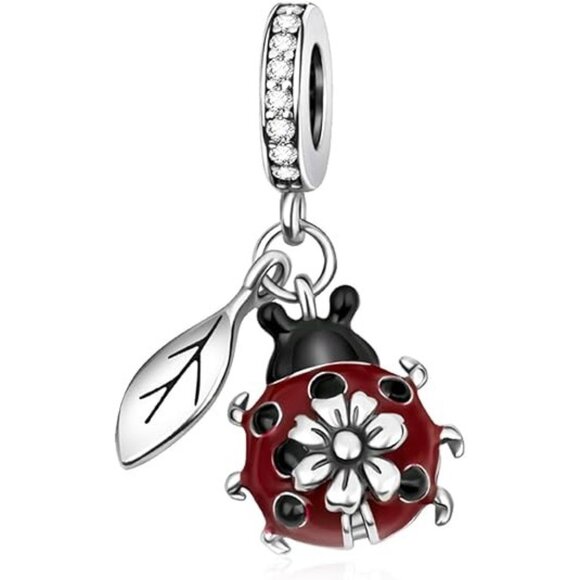 Enamel Ladybug Dangle 925 Silver Cute Charms Pendant